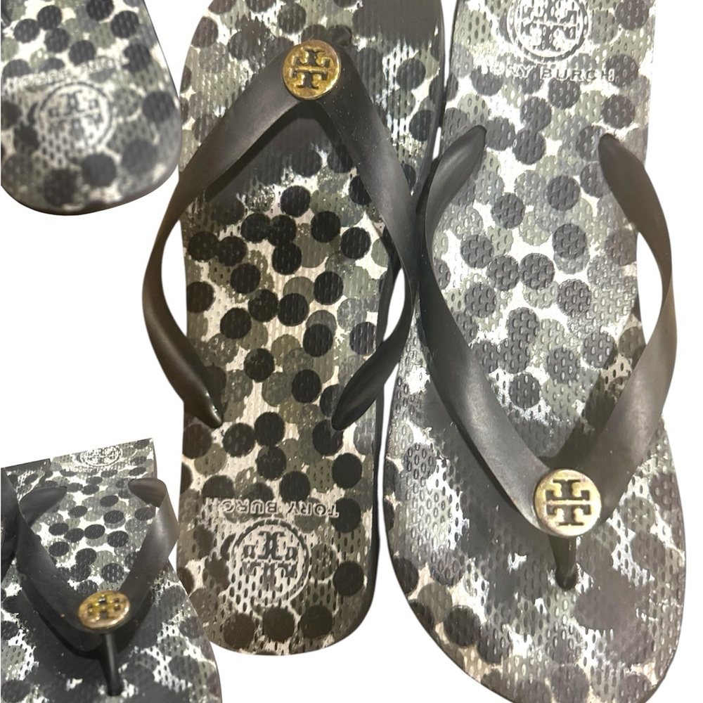 Tory Burch Black and Gray Polka Dot Flip Flops